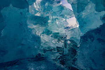 Pile of Baikal ice hummocks in winter