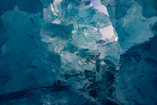 Pile of Baikal ice hummocks in winter