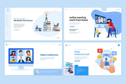 Web page design templates of work from home, video calling, education, conference meeting. Vector illustration concepts for website development. 