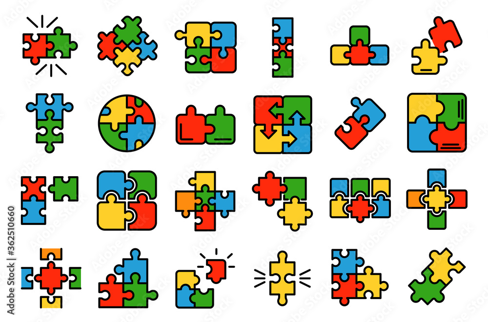 Poster jigsaw icons set. outline set of jigsaw vector icons thin line color flat on white