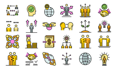 Business cooperation icons set. Outline set of business cooperation vector icons thin line color flat on white