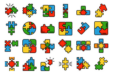 Jigsaw icons set. Outline set of jigsaw vector icons thin line color flat on white