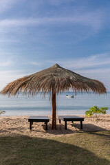 Beach Umbrella and Sunbed, Koh Mak Beach, Koh Mak island, Thailand.