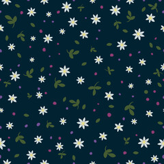 Seamless vector texture for fashion prints. White small forest flowers, leaves, purple and pink dots. Printing with in hand drawn style on dark blue background