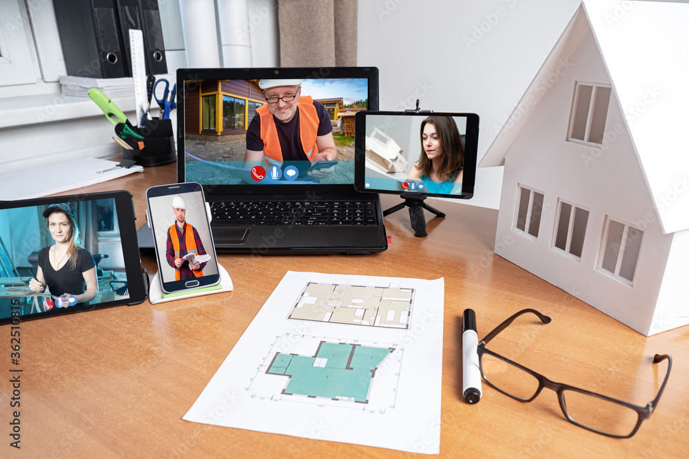 Poster remote work of the architectural and construction bureau. employees communicate via a mobile app. co