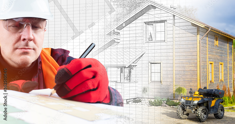 Poster development and implementation of a construction project. from a project to a new home. a man makes 