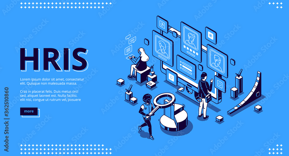 Poster hris isometric landing page. human resources information system it and hr technologies, people at mu