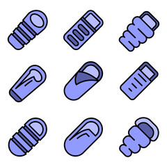 Sleeping bag icons set. Outline set of sleeping bag vector icons thin line color flat on white