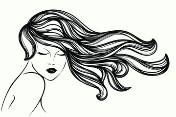 Hair salon and beauty studio logo.Beautiful woman with long, wavy hairstyle and elegant makeup.Cosmetics and spa icon.Young lady portrait.