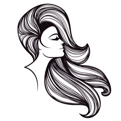 Hair salon and beauty studio logo.Beautiful woman with long, wavy hairstyle and elegant makeup.Cosmetics and spa icon.Profile view portrait.Young lady face.