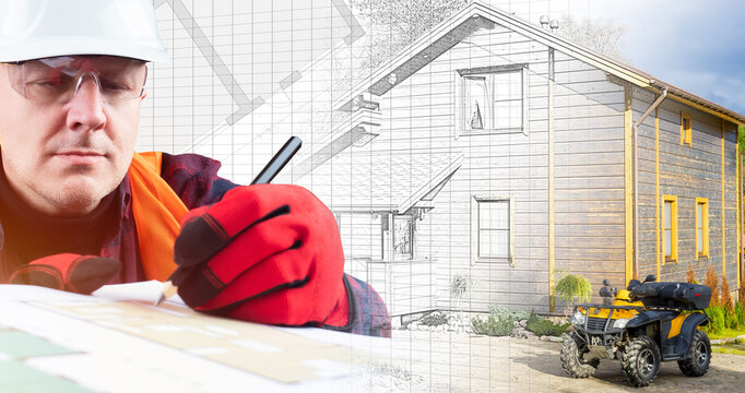 Development and implementation of a construction project. From a project to a new home. A man makes a construction drawing. All stages of construction work.