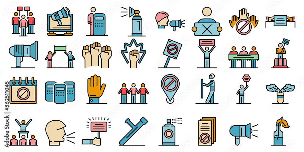 Poster protest icons set. outline set of protest vector icons thin line color flat on white