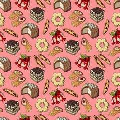 Seamless pattern of italian desserts. Canestrelli, Cannoli, Panna Cotta, Tiramisu, Zuccotto, Biscotti. For the design of cafe, restaurant, wallpaper, wrapping paper, packaging.