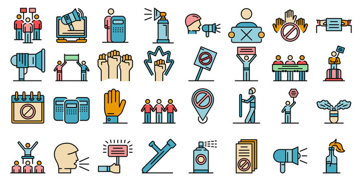 Protest Icons Set. Outline Set Of Protest Vector Icons Thin Line Color Flat On White