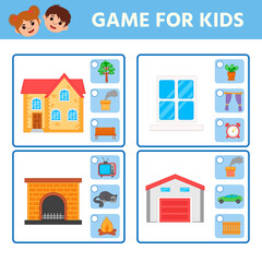 Fototapeta premium Educational worksheet for children. Game for Kids. Find matching item. Activity Worksheet for kids learning forms. Logic puzzle game. Vector illustration