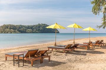 Beach Umbrella and Sunbed, Koh Mak Beach, Koh Mak island, Thailand.