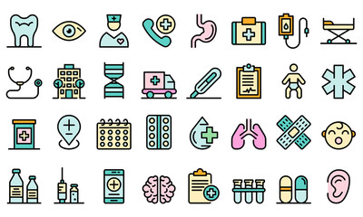 Pediatric clinic icons set. Outline set of pediatric clinic vector icons thin line color flat on white