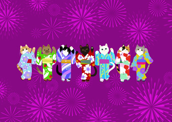 盆踊りをする浴衣の猫