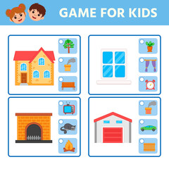 Educational worksheet for children. Game for Kids. Find matching item. Activity Worksheet for kids learning forms. Logic puzzle game. Vector illustration