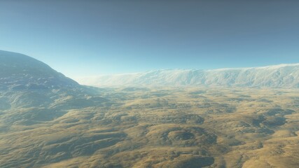 science fiction wallpaper, cosmic landscape, realistic exoplanet, beautiful alien planet in far space, detailed planet surface 3d render