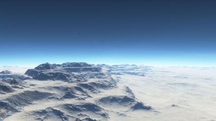 science fiction wallpaper, cosmic landscape, realistic exoplanet, beautiful alien planet in far space, detailed planet surface 3d render