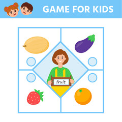 Game for Preschool Children. Find matching item.  Connect  fruit. Activity page for kids. Children funny riddle entertainment. Logic puzzle game.