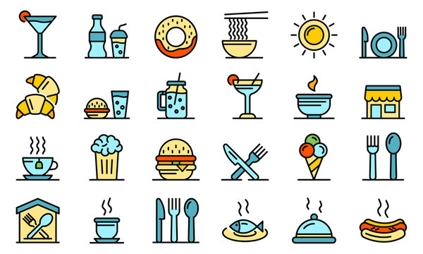 Food Courts Icons Set. Outline Set Of Food Courts Vector Icons Thin Line Color Flat On White