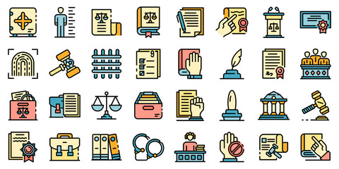 Legislation icons set. Outline set of legislation vector icons thin line color flat on white