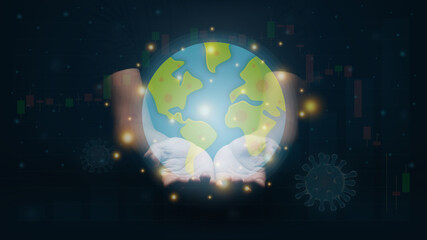 The black-shirted man who used the hand to support the world that was attacked by an epidemic. With a graph of stocks that are falling heavily and twinkling in the background