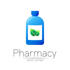 Pharmacy vector symbol with blue bottle and green leaf for pharmacist, pharma store, doctor and medicine. Modern design vector logo on white background. Pharmaceutical icon logotype . Human Health