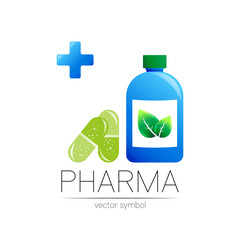 Pharmacy vector symbol with blue bottle and cross in circle, green leaf, for pharmacist, pharma store, doctor and medicine. Modern design logo on white. Pharmaceutical icon logotype with pill capsule