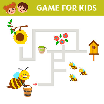 Educational worksheet for children. Game for Kids. Help the bee carry honey to the hive. Activity  Worksheet for kids learning forms. Logic puzzle game. Vector illustration