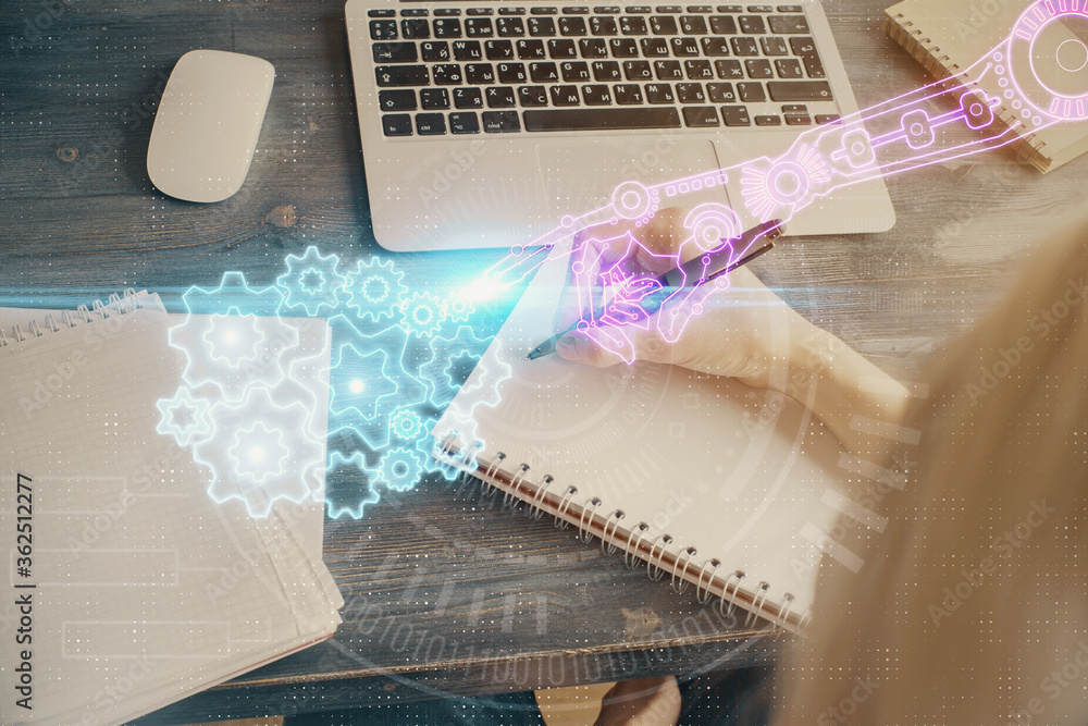 Poster multi exposure of writing hands on background with data solution hologram. technology concept.