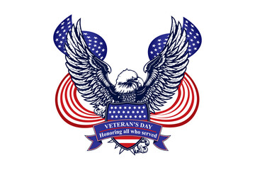 Veterans day eagle emblem. American symbol of freedom. Retro color logo of falcon. Eagle detailed logo. Veterans day background.