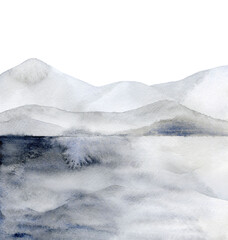 Minimalist landscape. Grey blue hills. Abstract mointains. Watercolour illustration on white background.