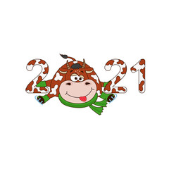 Symbol new year 2021 - Cartoon funny bull, cow. Christmas illustration template for poster, postcard or calendar, invitation