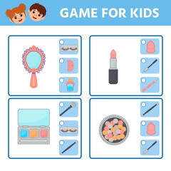 Educational worksheet for children. Game for Kids. Find matching item. cosmetic objects. Activity  Worksheet for kids learning forms. Logic puzzle game. Vector illustration