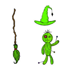 Set of Halloween illustrations. Vector cartoon icons. Isolated objects on white. Hand-drawn style.