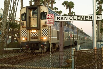 Railway system in the coastal San Clemente city in the USA during sunset