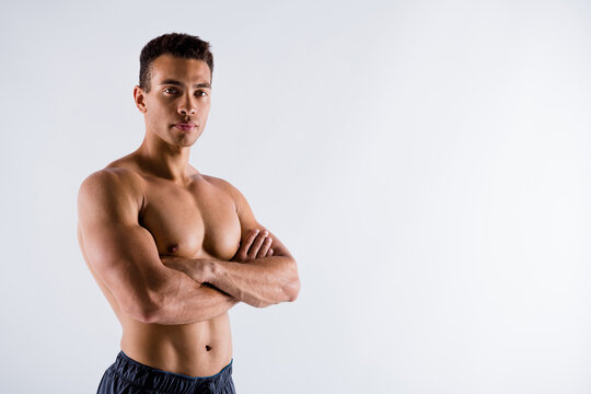 Profile Side View Portrait Of His He Nice Attractive Content Tanned Guy Perfect Ripped Shape Form Figure Folded Arms Copy Space Isolated On Light White Pastel Color Background