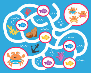 Vector maze game for children. Help the crab collect the fish and get to the crab. Logic puzzle game. Activity  Worksheet for kids learning forms