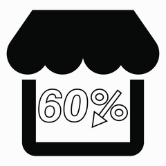Supermarket 60% discount. Store building and percentage discount. Price drop. Sale at the supermarket. Vector icon