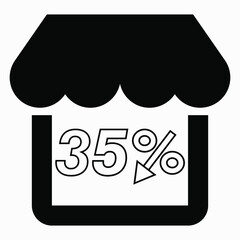 Supermarket 35% discount. Store building and percentage discount. Price drop. Sale at the supermarket. Vector icon