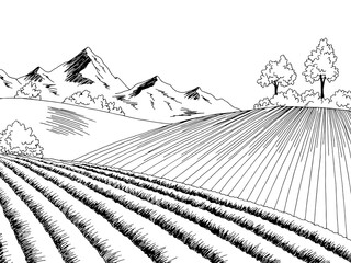 Agricultural plowed field graphic black white landscape sketch illustration vector