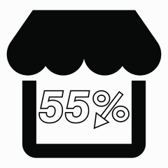 Supermarket 55% discount. Store building and percentage discount. Price drop. Sale at the supermarket. Vector icon