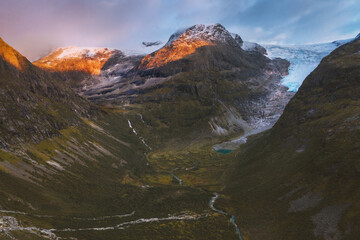 Mountains valley in Norway aerial view sunset landscape travel scenic destinations Jostedalsbreen...