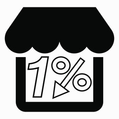 Supermarket 1% discount. Store building and percentage discount. Price drop. Sale at the supermarket. Vector icon