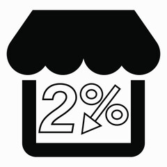 Supermarket 2% discount. Store building and percentage discount. Price drop. Sale at the supermarket. Vector icon