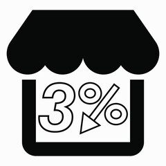 Supermarket 3% discount. Store building and percentage discount. Price drop. Sale at the supermarket. Vector icon