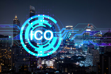 Initial coin offering hologram, night panorama city view of Bangkok, the center of cryptocurrency projects in Asia. The concept of widespread ICO hysteria. Double exposure.